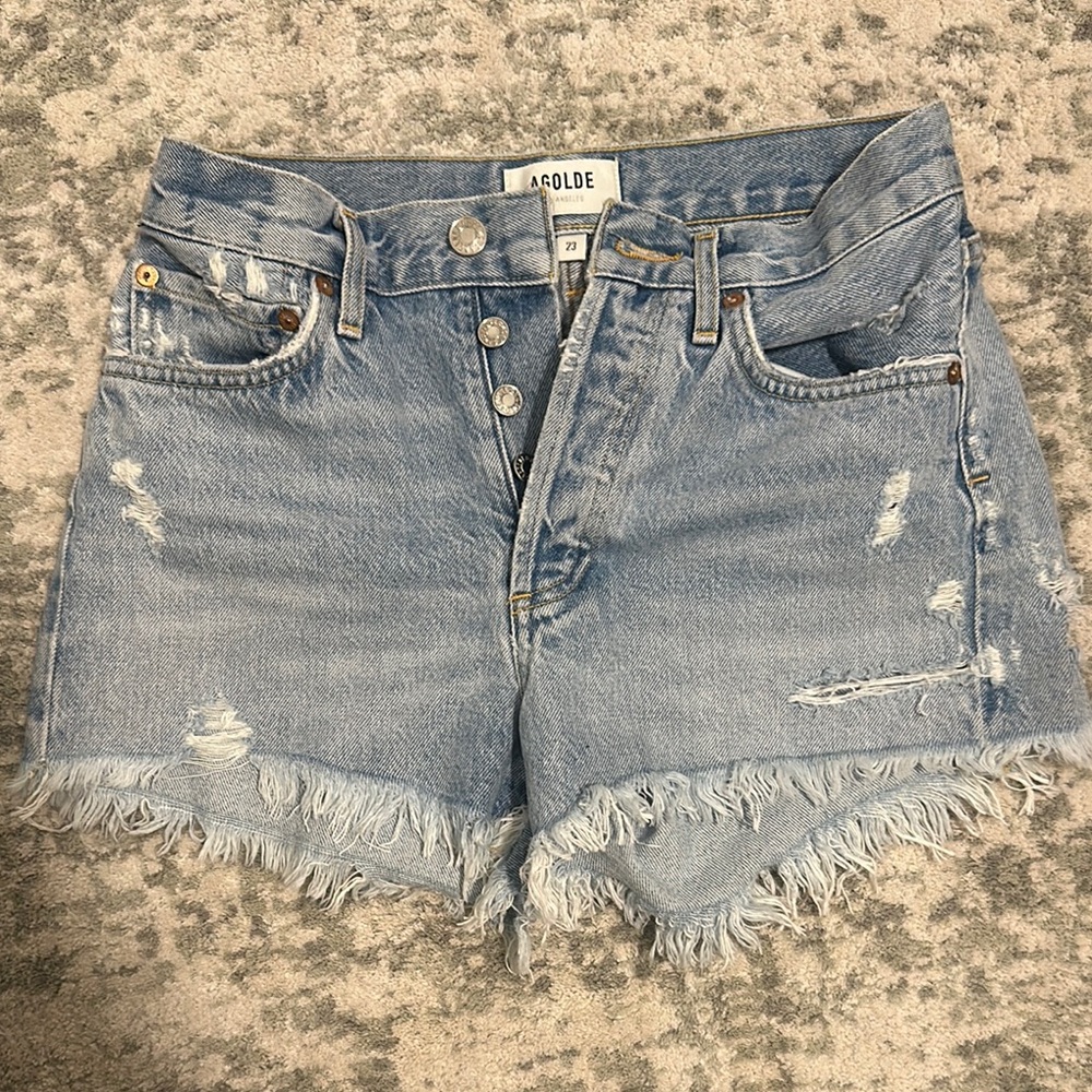Agolde Blue Jean Shorts Distressed Cut-Off Style Parker Denim